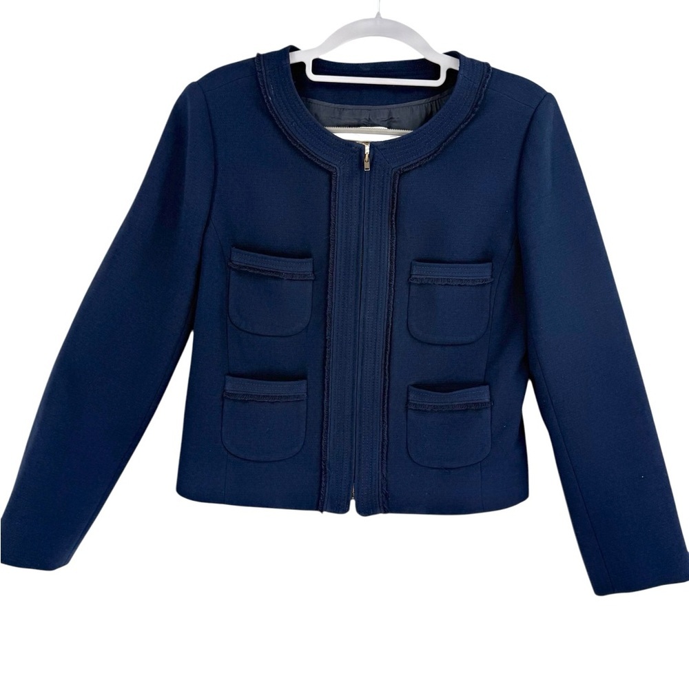 J.Crew Navy Fringe-Trim Crop Jacket Suiting Collection Size 4 Tweed